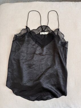 Black Lace Trim Satin Camisole Tank Top